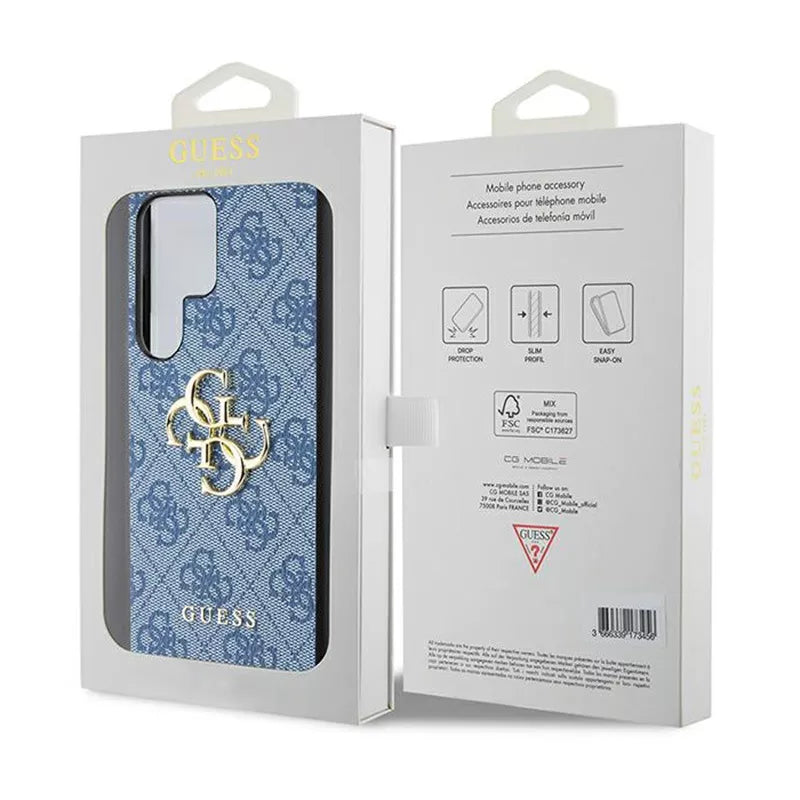 Guess 4G dėklas Samsung Galaxy S24 Ultra – su dideliu metaliniu logotipu (Mėlynas)