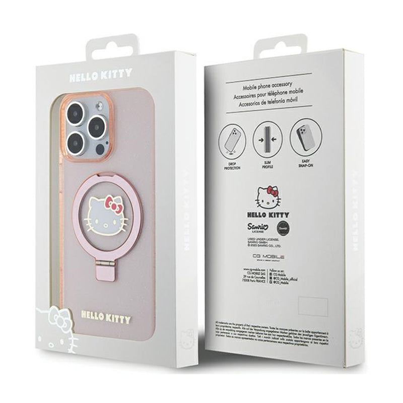 Hello Kitty žiedinis stovas su blizgučiais ir Electrop logotipu, skirtas MagSafe – dėklas iPhone 15 Pro Max (rožinis)