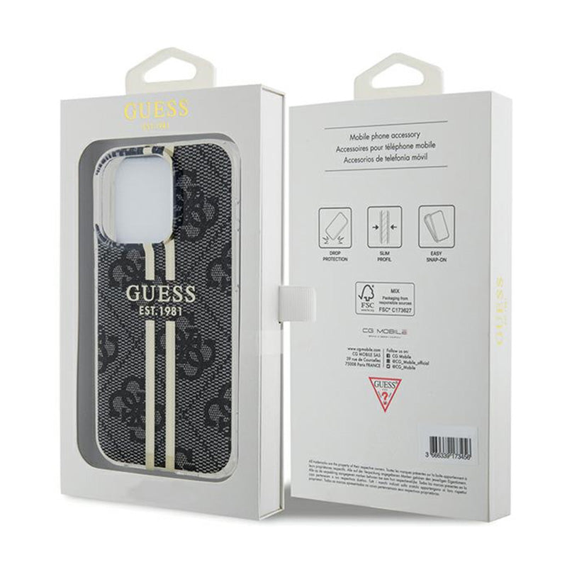 Guess IML 4G Gold Stripe – dėklas iPhone 15 Pro (juodas)