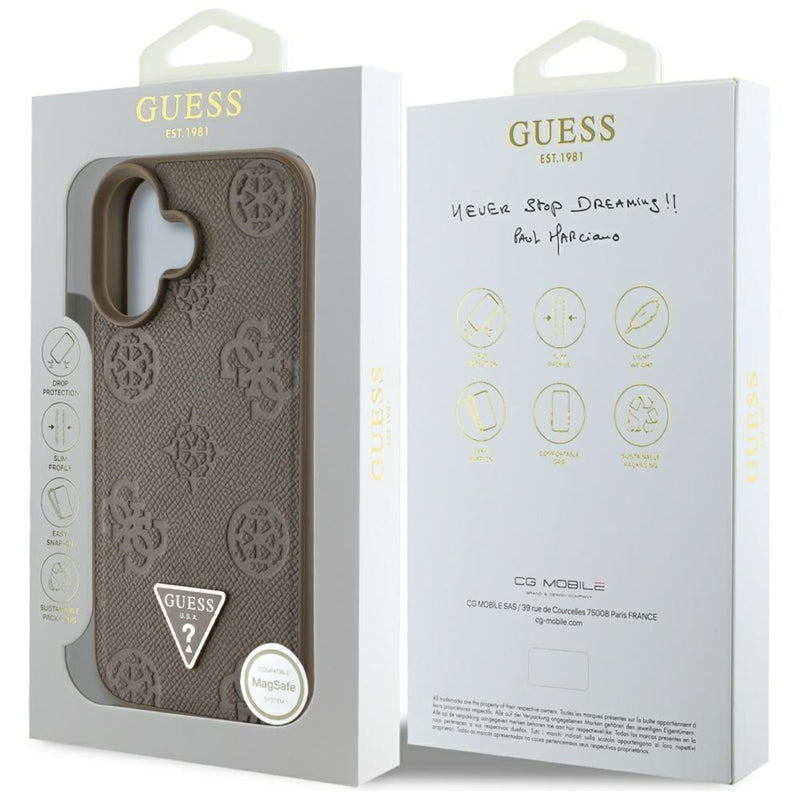 Guess Grained Hot Stamp Peony Triangle Logo MagSafe – dėklas iPhone 16 (rudas)