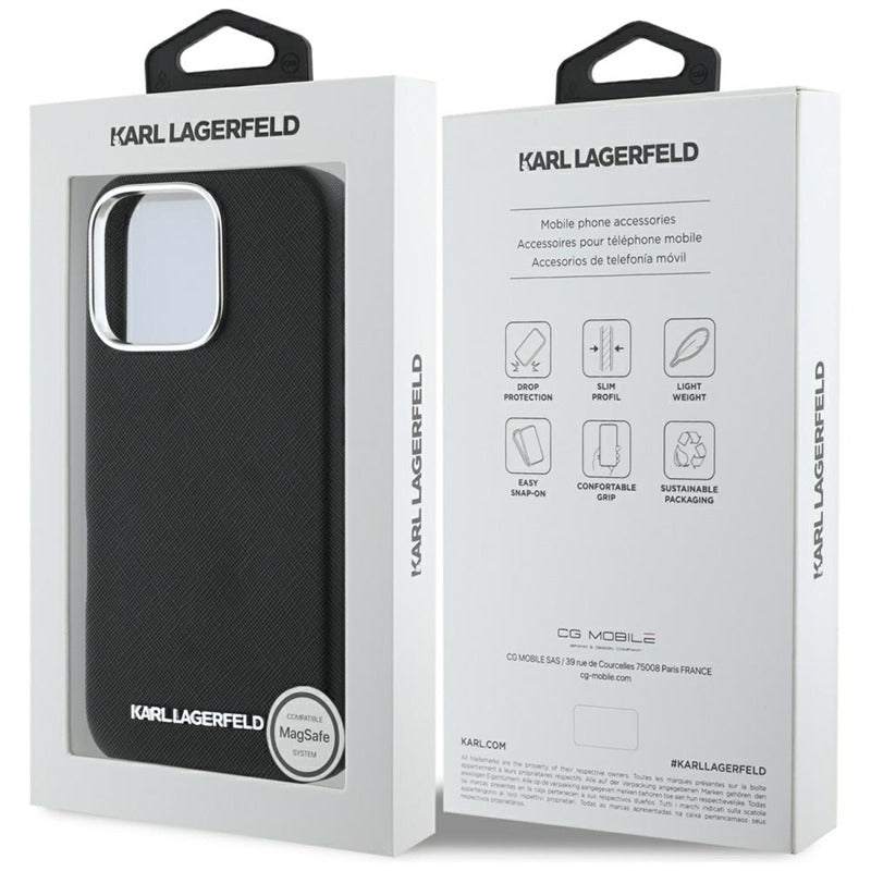 Karl Lagerfeld Saffiano Pilnai Aptrauktas Išilgintas Metalinis Logotipas MagSafe - Dėklas, skirtas iPhone 16 Pro Max (juodas)