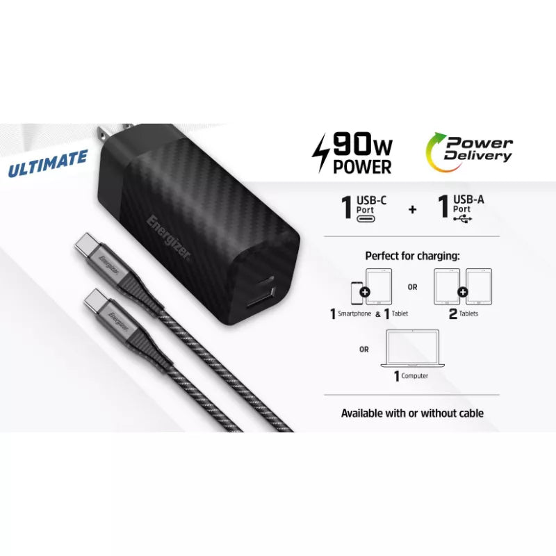 Energizer Ultimate – daugiafunkcis kištukinis adapteris ES / JK / JAV su „GaN“ USB-C ir USB-A 90W PD tinklo įkrovikliu + USB-C laidas (juodas)