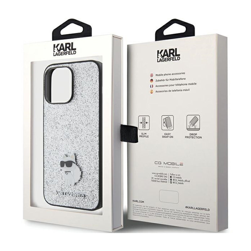 Karl Lagerfeld Fixed Glitter Choupette Logo Metal Pin – Dėklas iPhone 15 Pro Max (sidabro)