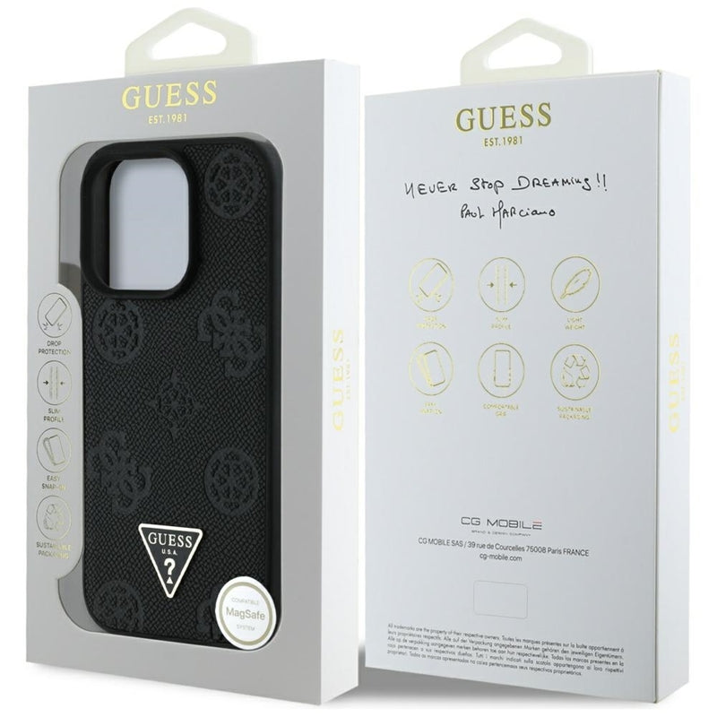 Guess Grained Hot Stamp Peony Triangle Logo MagSafe - dėklas skirtas iPhone 16 Pro (juodas)