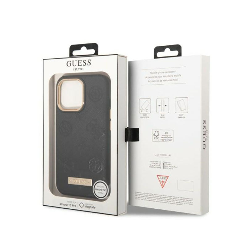 Guess Peony Logo Plate MagSafe - dėklas iPhone 13 Pro (juodas)