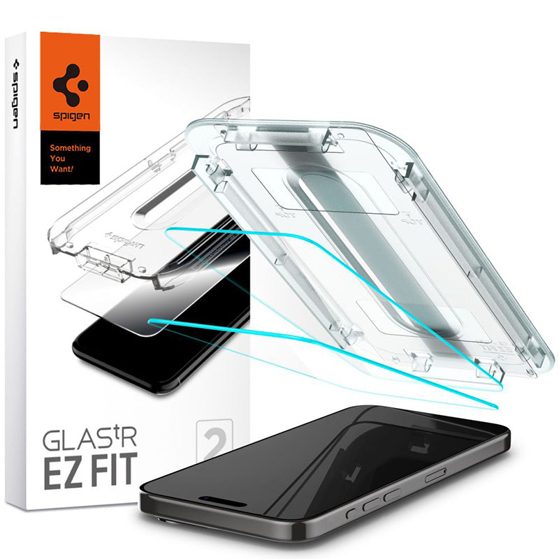 Spigen GLAS.TR EZ FIT 2 vnt. – grūdintas stiklas su privatumo filtru iPhone 15 Pro Max, 2 vnt.