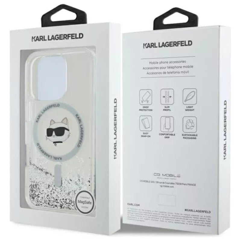 Karl Lagerfeld Liquid Glitter Choupette Head MagSafe – „iPhone 16 Pro“ dėklas (permatomas)