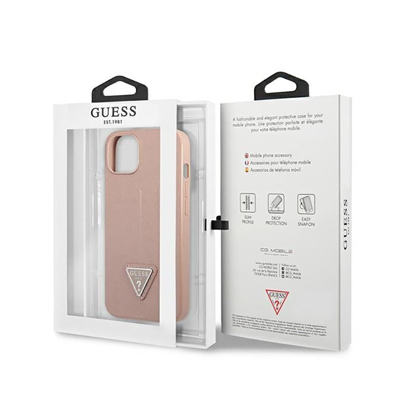 Guess Saffiano Triangle Logo dėklas - dėklas iPhone 14 Plus (rožinis)