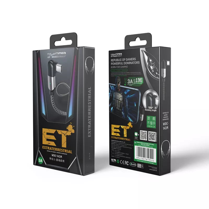 WEKOME WDC-142 Game Series - USB-A prie Micro USB 3A žaidimų kabelis 180° kampu 1 m (Tamsus)