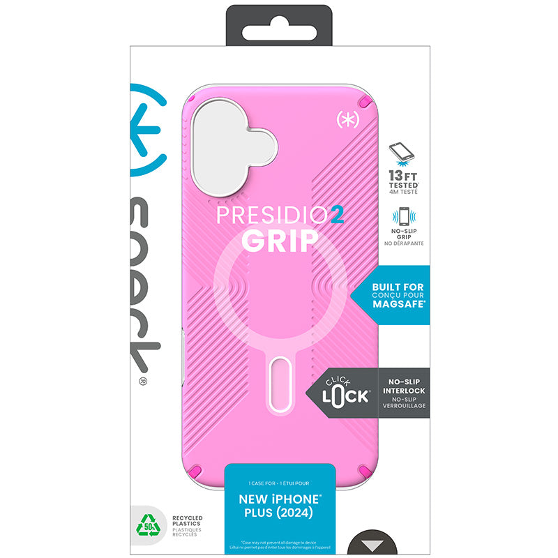 Speck Presidio2 Grip ClickLock ir MagSafe dėklas „iPhone 16 Plus“ (Rožinė / Ryškiai rožinė / Balta)
