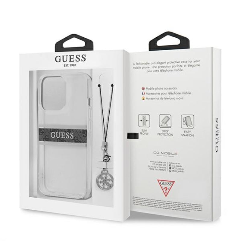 Guess 4G Stripe Grey Charm – dėklas iPhone 13 Pro (skaidrus)