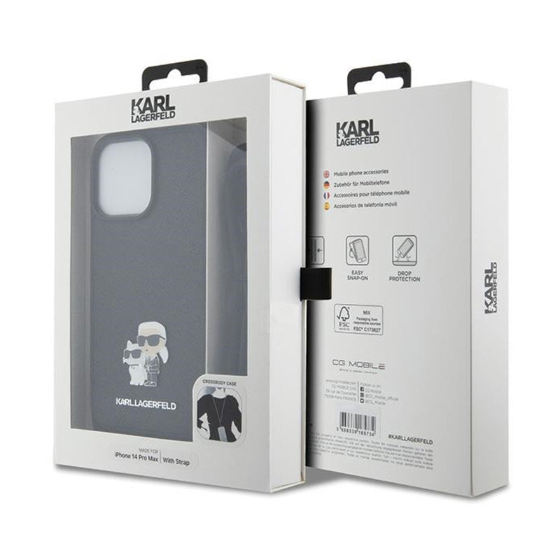 Karl Lagerfeld Crossbody Saffiano Metal Pin Karl & Choupette – dėklas, skirtas iPhone 14 Pro Max (juodas)