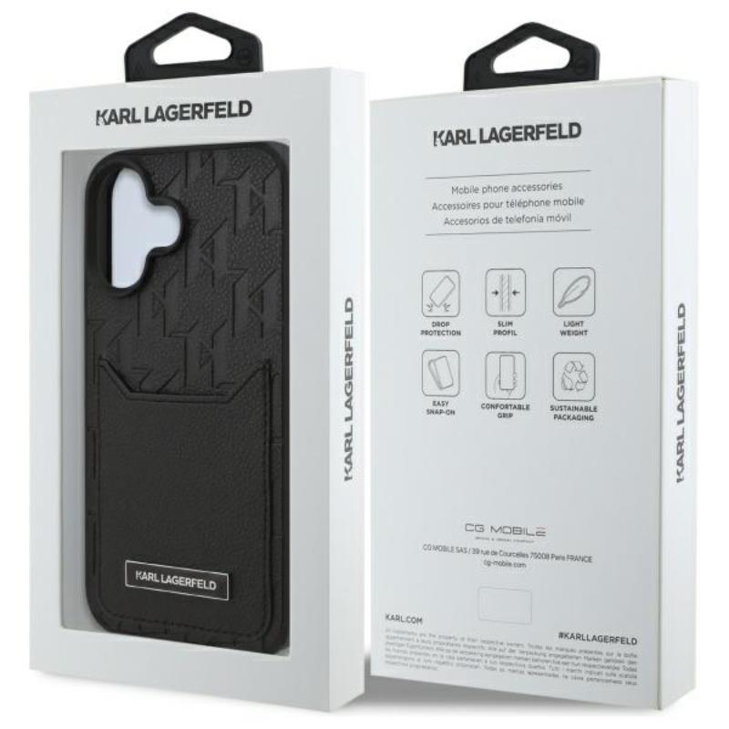 Karl Lagerfeld Monogram dėklas su kortelių lizdais, skirtas iPhone 16 (juodas)