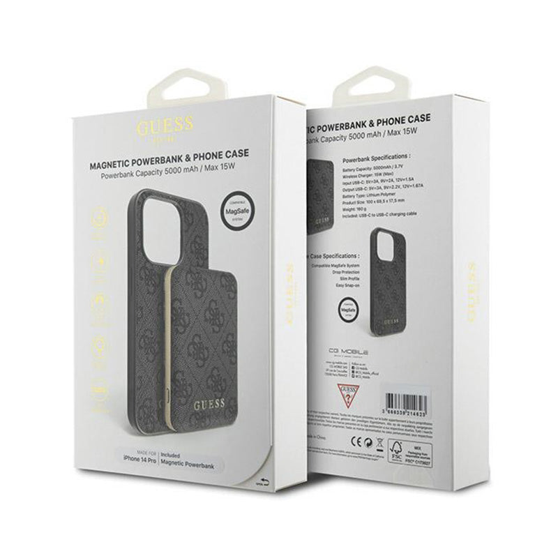 Guess komplektas „MagSafe 4G Metal Gold Logo“ – dėklas + išorinė baterija 5000 mAh MagSafe iPhone 14 Pro (juodas)