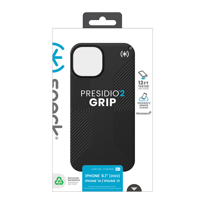 Speck Presidio2 Grip – dėklas, skirtas iPhone 17e / 16e / 15 / 14 / 13 (juoda / pilka / balta)