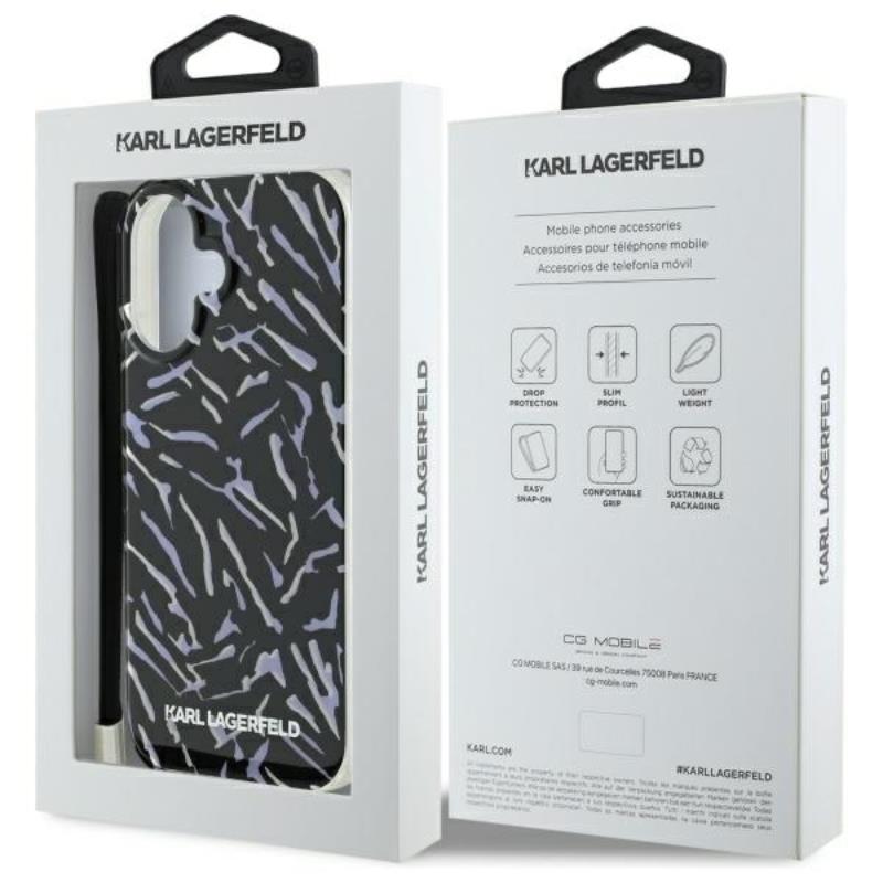 Karl Lagerfeld Zebra With Cord – dėklas, skirtas iPhone 16 Plus (violetinis)