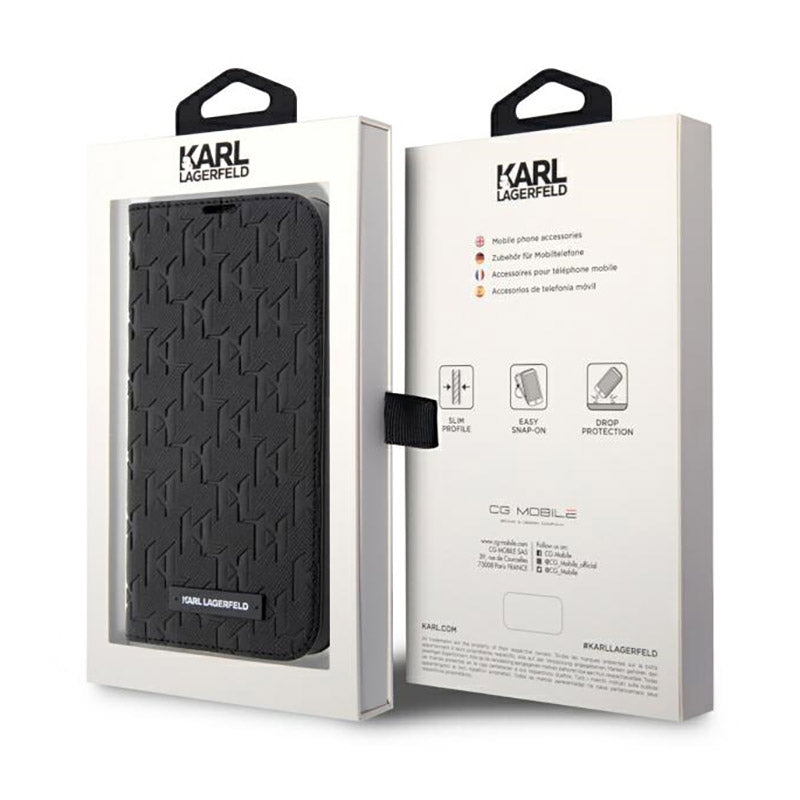 Karl Lagerfeld Booktype Saffiano Monogram – Dėklas, skirtas iPhone 14 Pro Max (juodas)