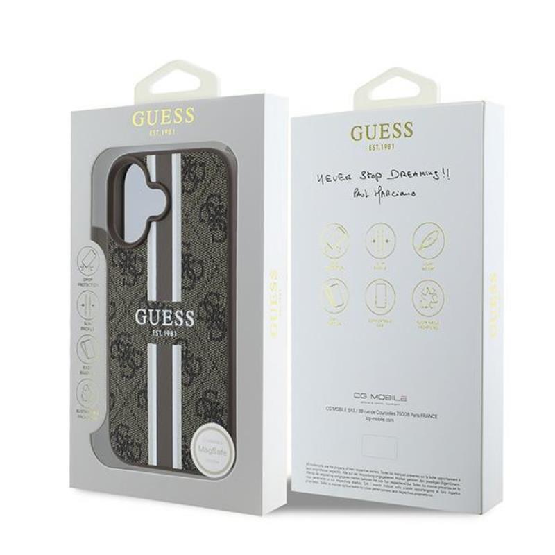 Guess 4G Printed Stripes MagSafe - dėklas, skirtas iPhone 16 Plus (rudos spalvos)