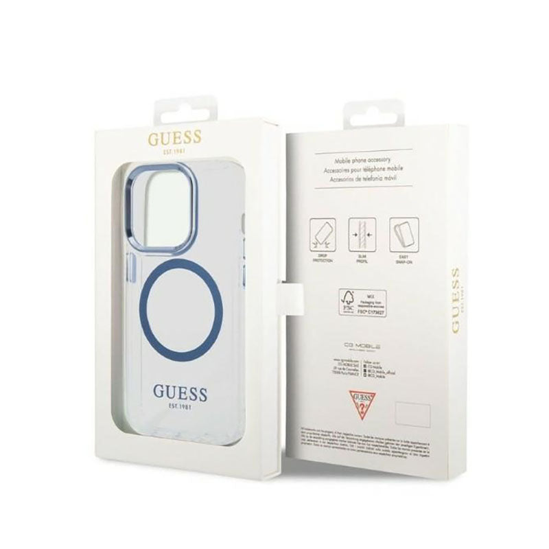 Guess Metal Outline MagSafe – dėklas, skirtas iPhone 14 Pro (permatomas)