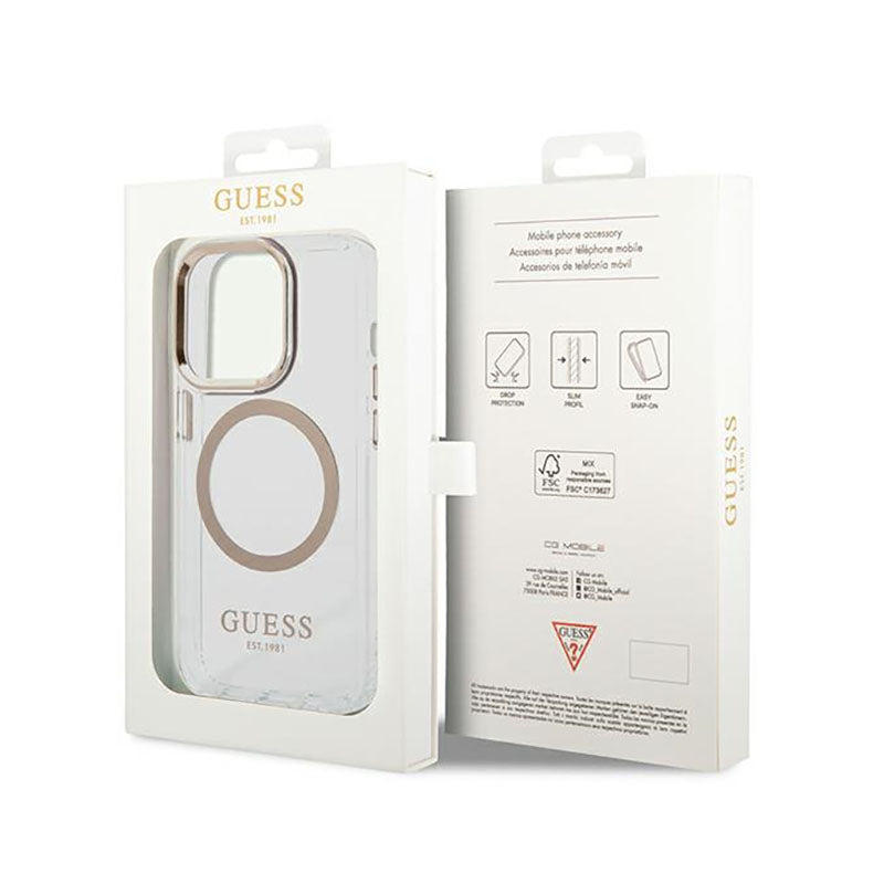 Guess Metal Outline MagSafe – dėklas, skirtas iPhone 14 Pro (permatomas)