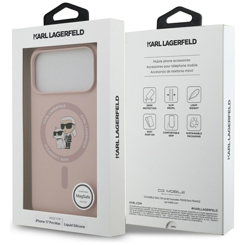 Karl Lagerfeld Silikoninis Karl & Choupette Žiedas MagSafe - Dėklas iPhone 17 Pro Max (rožinis)