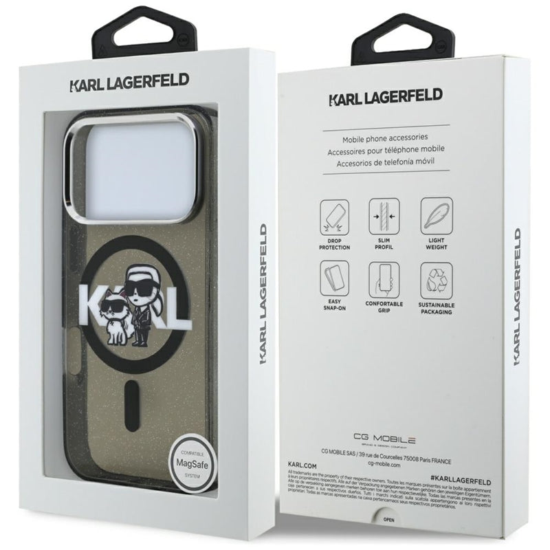 Karl Lagerfeld IML Blizgantis Karl & Choupette eskizo logotipas MagSafe - Dėklas iPhone 17 Pro (Juodas)