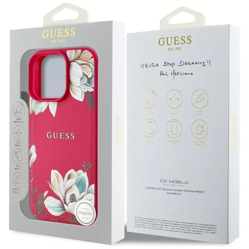 Guess Grained Printed Flower Pattern MagSafe – dėklas, skirtas „iPhone 16 Pro“ (fuksijos spalva)