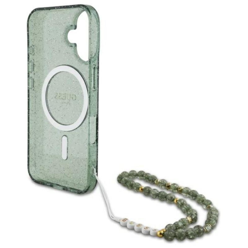 Guess IML Blizgučiai su Perliniu Dirželiu MagSafe – dėklas skirtas iPhone 16 Plus (Žalias)