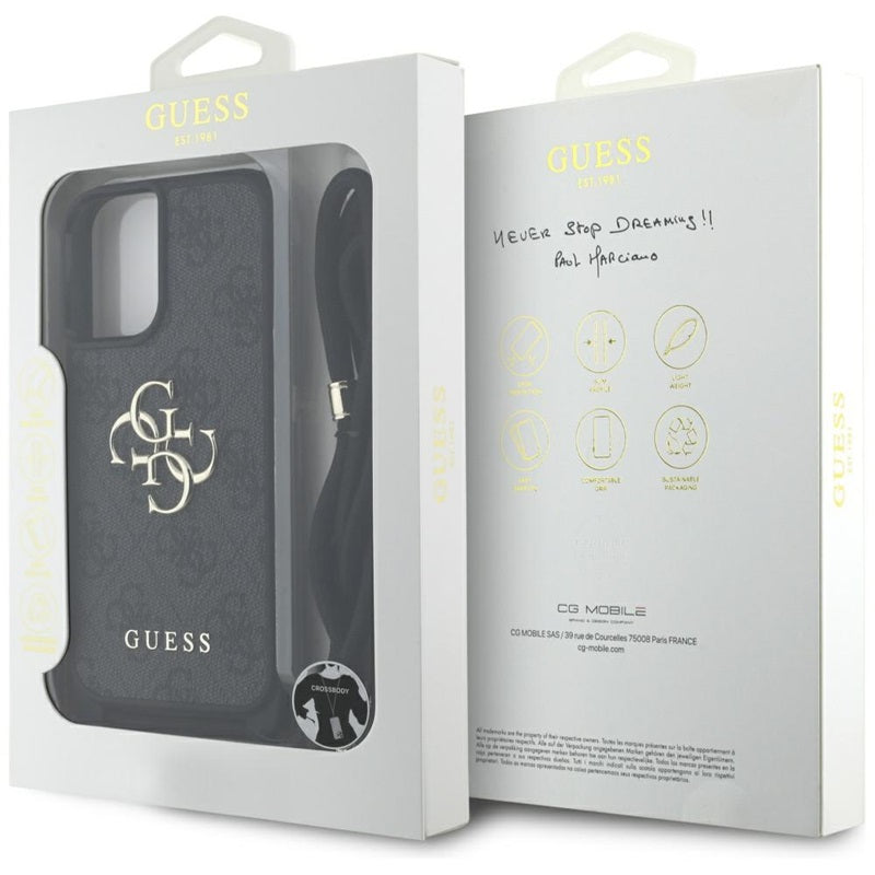 Guess 4G didelis logotipas su virveliniu dirželiu – dėklas, skirtas „iPhone 16 Plus“ (juodas)