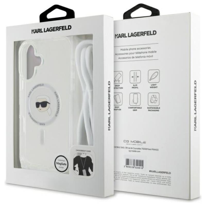 Karl Lagerfeld Dėklas per petį IML Karlio galvos MagSafe – skirtas iPhone 16 (skaidrus)