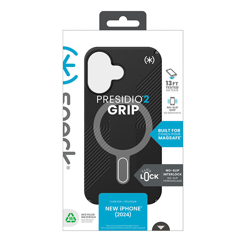 Speck Presidio2 Grip ClickLock & MagSafe - Dėklas iPhone 16 (Juoda / Skalūno pilka / Balta)
