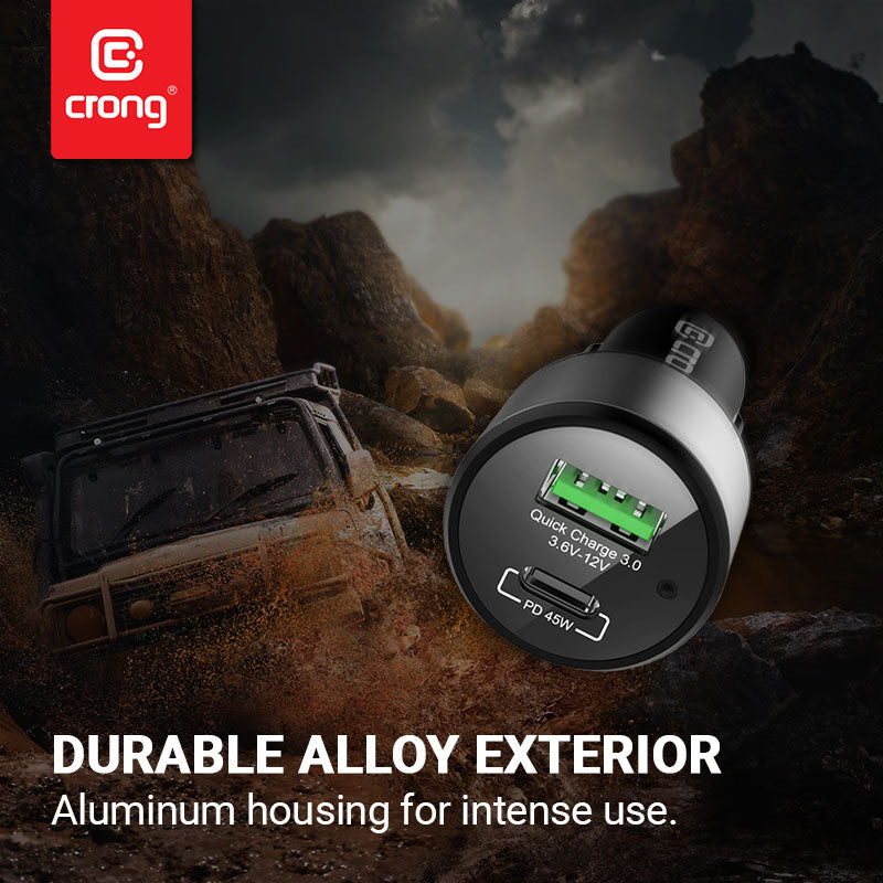 Crong automobilinis įkroviklis 63W – USB-C PD 45W automobilinis įkroviklis + USB QC 3.0 18W (juodas)