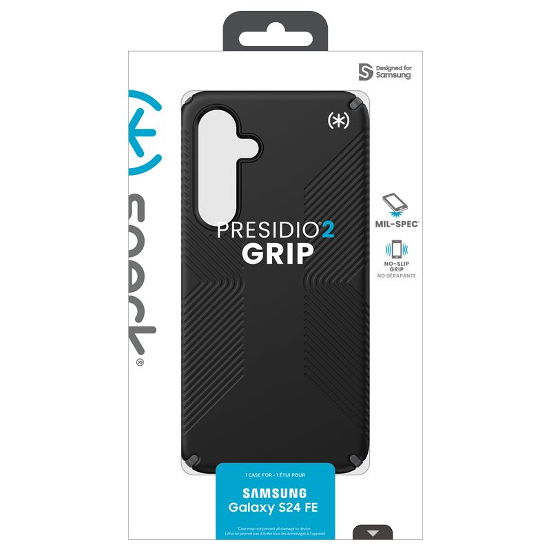 Speck Presidio2 Grip – Samsung Galaxy S24 FE dėklas (juoda/plieninė pilka/balta)