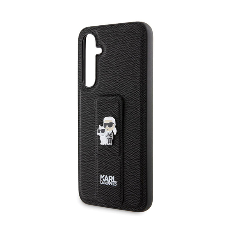 Karl Lagerfeld Gripstand Saffiano Karl & Choupette Pins - Samsung Galaxy S23 FE dėklas (juodas)