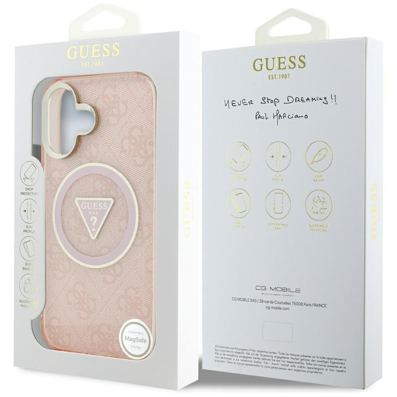 Guess IML Metal Glitter 4G apskritimas trikampis MagSafe – dėklas, skirtas „iPhone 16“ (rožinis)