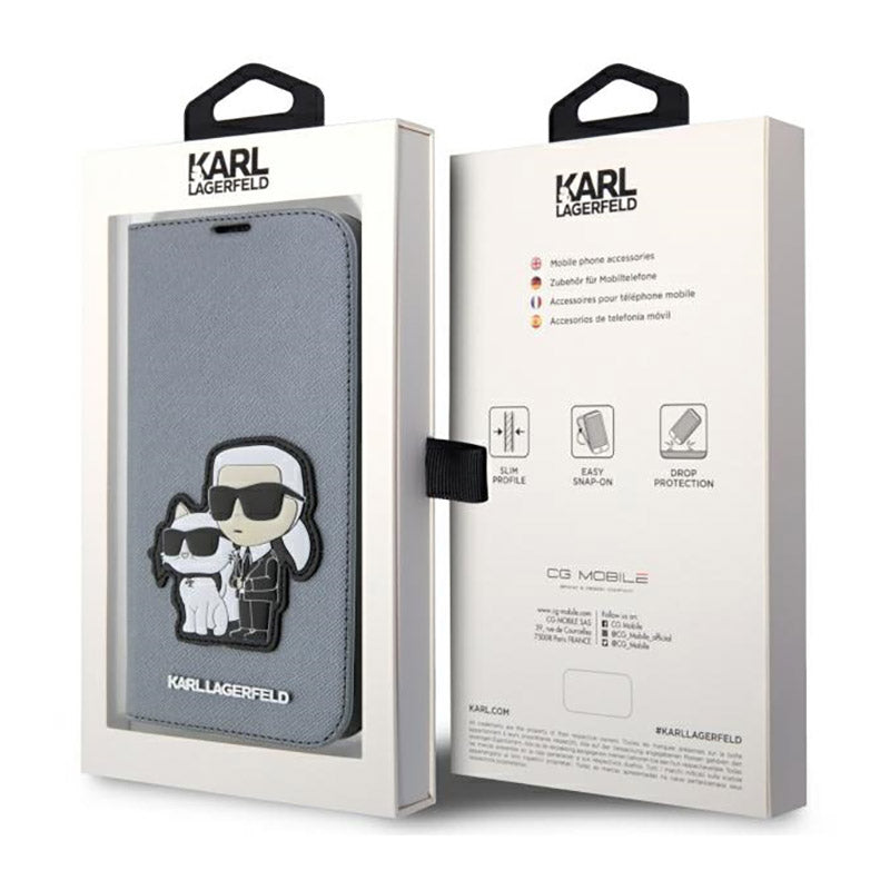 Karl Lagerfeld Knygutės tipo NFT Saffiano Karl & Choupette – Dėklas, skirtas iPhone 14 Pro Max (Sidabrinis)