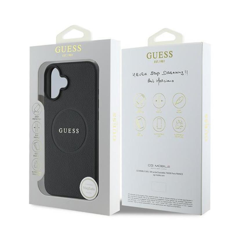 Guess Grained Ring MagSafe - Dėklas iPhone 16 Plus (juodas)