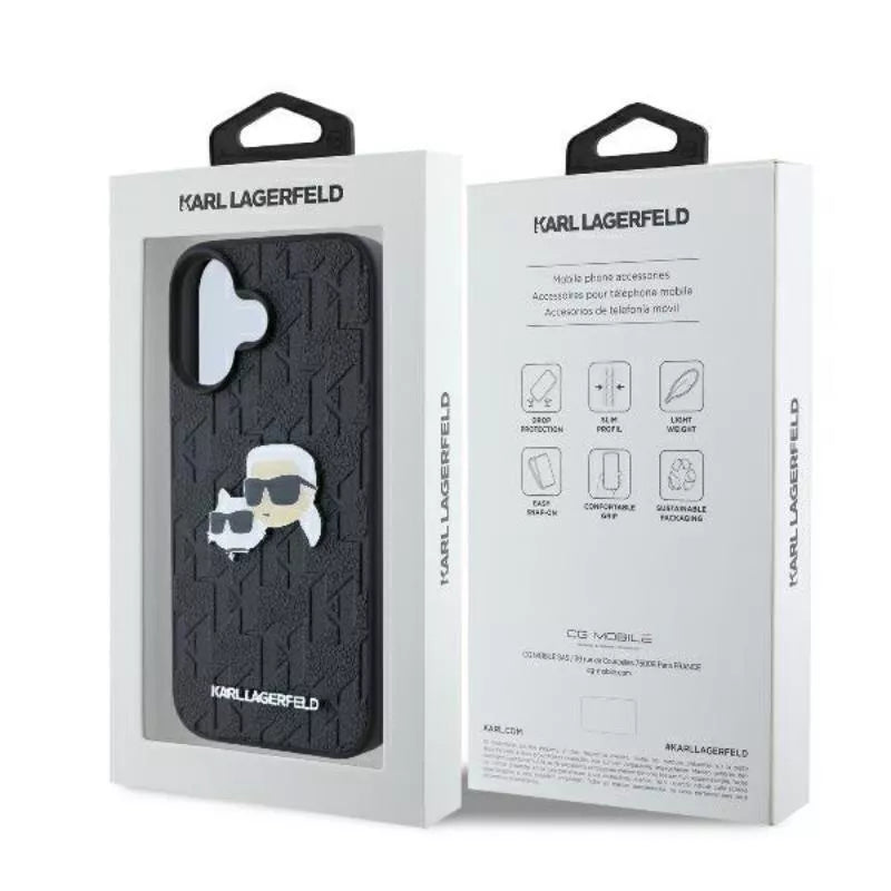 Karl Lagerfeld monograminis Karl & Choupette galvutės segtukas – dėklas, skirtas „iPhone 16 Plus“ (juodas)