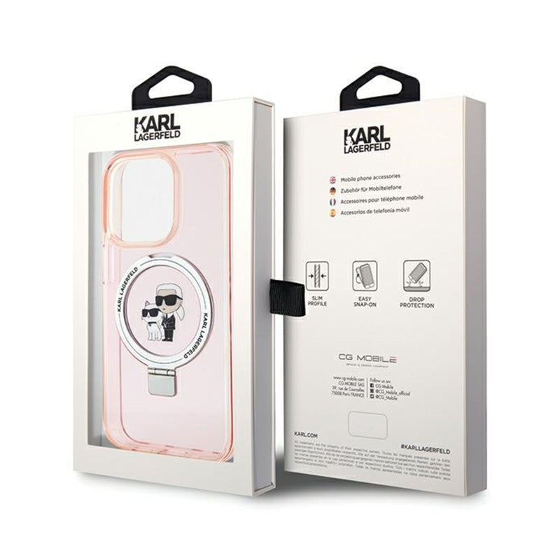 Karl Lagerfeld žiedo stovas Karl & Choupette MagSafe – iPhone 15 Pro Max dėklas (rožinis)
