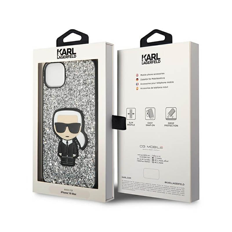 Karl Lagerfeld Glitter Flakes Ikonik – Dėklas iPhone 14 Plus (Sidabrinis)