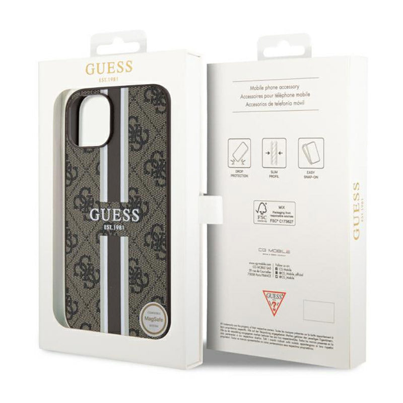 Guess 4G Printed Stripes MagSafe – dėklas iPhone 14 Plus (rudas)