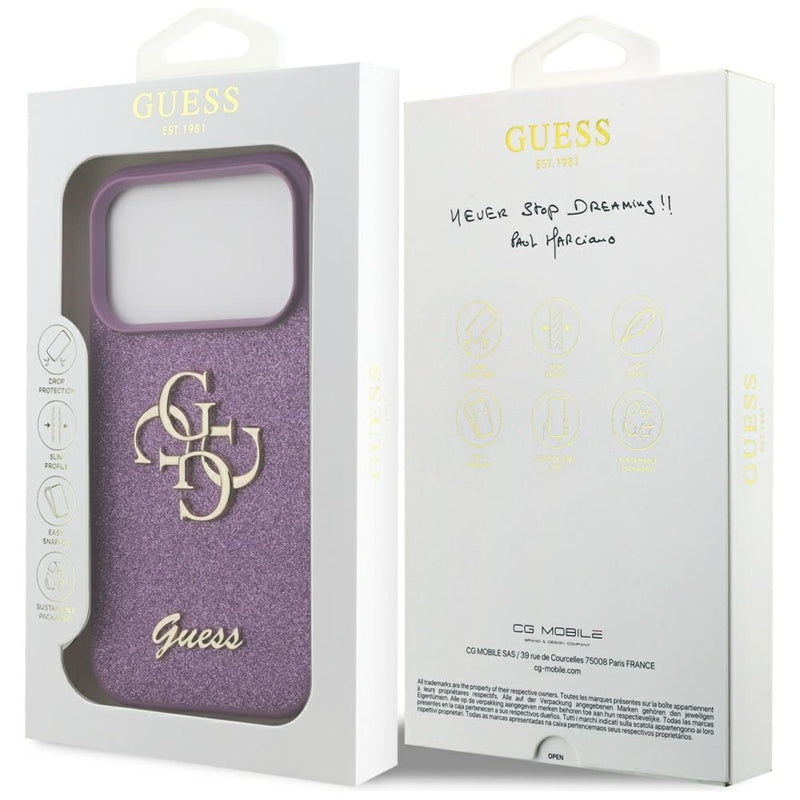 Guess Dėklas iPhone 17 Pro su Dideliais 4G Blizgučiais (Alyvinis)