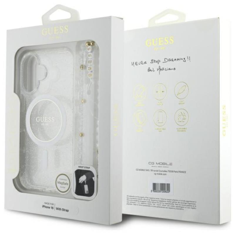 Guess IML Blizgučiai su Perlo Dirželiu MagSafe – Dėklas iPhone 16 Plus (Skaidrus)