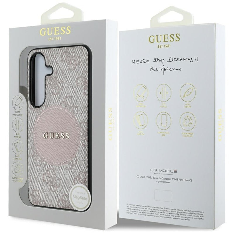 Guess 4G Round Patch Classic Logo MagSafe - dėklas skirtas Samsung Galaxy S25 (rožinis)