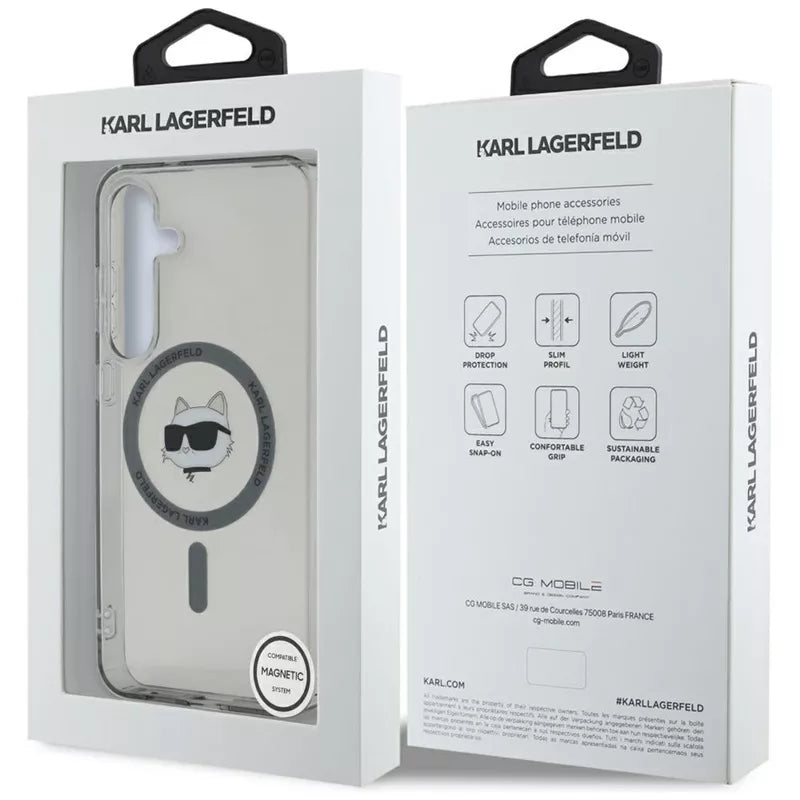 Karl Lagerfeld mygtuko Choupette galvos su logotipu atspaudas MagSafe dėklas, skirtas Samsung Galaxy S25+ (juodas)