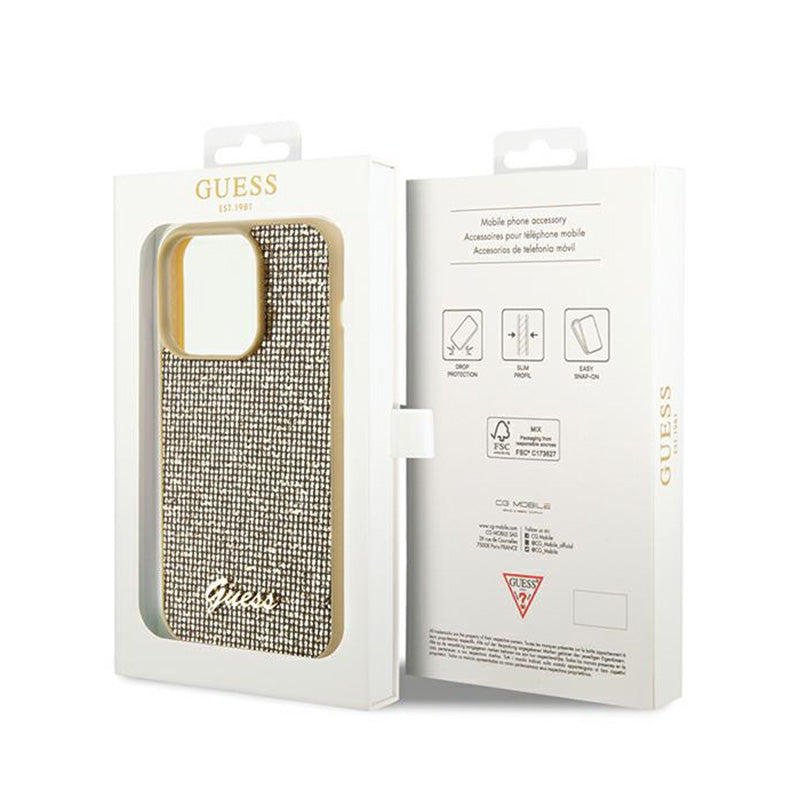 Guess Disco Metal Script – iPhone 14 Pro dėklas (aukso spalvos)