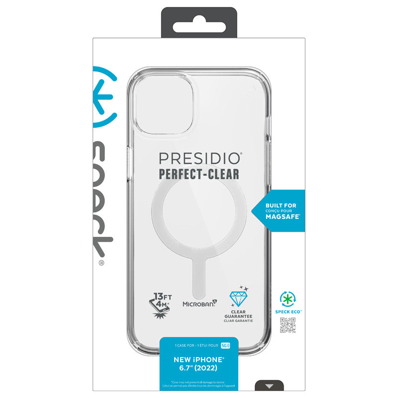 "Speck Presidio Perfect-Clear + MagSafe" - "iPhone 15 Plus" / "14 Plus" dėklas su MICROBAN danga (skaidrus)