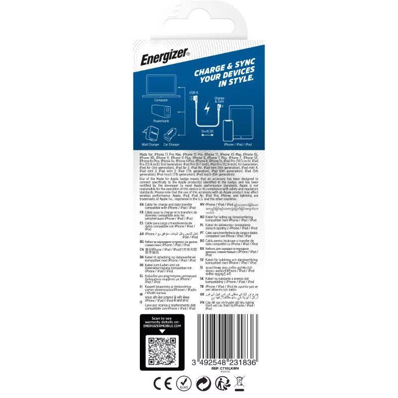 Energizer Ultimate - USB-A į Lightning 90° MFi sertifikuotas žaidimų kabelis 2 m (baltas)