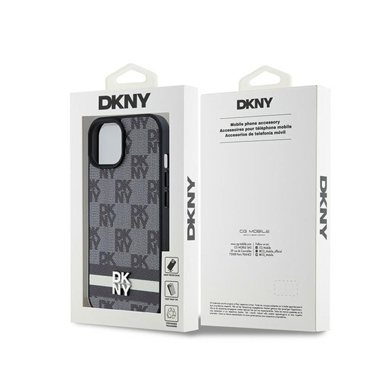 DKNY Odinis dėklas su languotu mono raštu ir atspausdintomis juostelėmis, skirtas iPhone 15 / 14 / 13 (juodas)