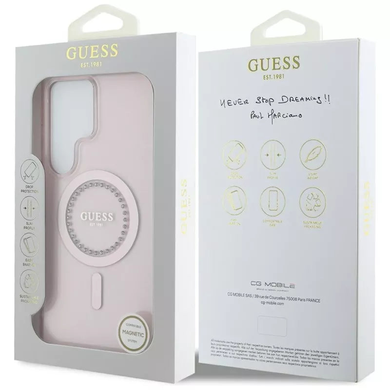 Guess Rhinestones Printed Classic Logo MagSafe – dėklas, skirtas Samsung Galaxy S25 Ultra (rožinis)